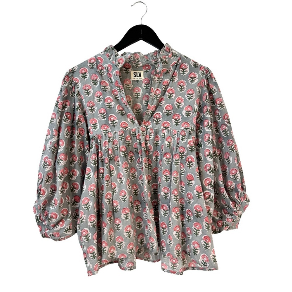 SLV ONE SIZE Lana Classic Blouse Boho Botanical Block‎ Print Gray Pink India